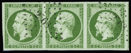 Obl N°12a 5c Vert-jaune En Bande De 3 Avec Voisin, Obl. PC 2568 (Prades, Pyrénées-Orientales), Léger Pli Repassé, TB D'a - 1853-1860 Napoléon III