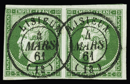 Obl N°12b 5c Vert Très Foncé, Paire Bien Margée, Obl. Càd T15 Lisieux 4 Mars 61, Très Belle Nuance, TB. Signé Calves - 1853-1860 Napoléon III.