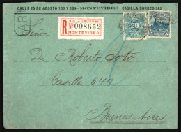 URUGUAY. 1908. Montevideo To Buenos Aires. Registered + AR. Scarce Usage. Scott # 114,165. V-Fine. - Uruguay