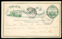 URUGUAY. 1885(Aug 23rd). 3c Green Postal Stationery Cards-two Vertically Attached, Used To Within Montevideo Cancelled B - Uruguay