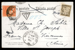URUGUAY. 1906(Feb 5th). Postcard To France Franked By 1904 2c Orange, Montevideo Cds Below And Charged On Arrival With F - Uruguay