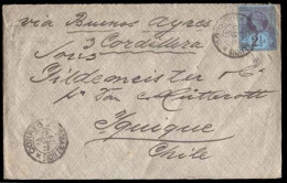 URUGUAY. 1901.URUGUAY-GB-CHILE. PSNC Envelope Posted At Sea Addressed To Iquique In Chile Franked With GB QV 2 1/2d Stam - Uruguay