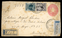 URUGUAY. 1903 (13 June). Registered 5c Rose Stationery Envelope, Toned, To Montevideo From Treinta Y Tres Franked Additi - Uruguay