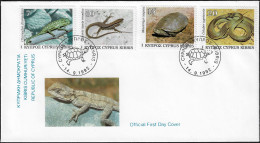 Chypre 1992 Y&T 794 à 797 Sur FDC. Faune, Reptiles De Chypre. Caméléon, Lézard, Tortue Et Serpent - Tortues