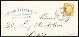 Sur Fragment N°38 40c Orange Obl. Cachet Espagnol Admon De Cambio Barcelona Sur Lettre (manque Le Bas) Pour Cadix (Espag - 1870 Belagerung Von Paris