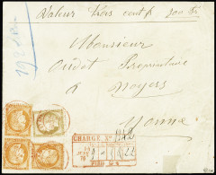 Lettre N°38, équerre De 3 Pièces + N°55 OBL CAD Rouge "(3) Affranchissements (3) Paris" (1876) Sur Lettre Chargée (VD 30 - 1870 Belagerung Von Paris