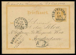 SURINAME. 1883. Paramaribo - Netherlands. Ovptd 7 1/2c Stat Card, Cds Suriname / Over / Southampton. VF Early Usage. - Suriname