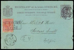 SURINAME. 1892. Pamaribo - Zutphen / Netherlands 5c Stat Card + Adtl, The Later Cacelled By Transit Box "SURINAME / VIA  - Suriname