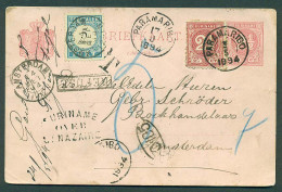 SURINAME. 1894 (4 May). Paramaribo - Amsterdam. 2 1/2c Rose Stat Cards + 2 Adtls With Proper Fkg But One Missing In Tran - Suriname