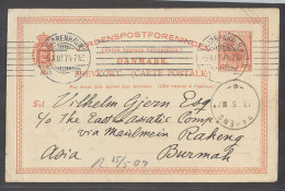 SIAM. 1907 (5 April). Denmark, Kopenhagen - Raheng (13 May). Via Monlmein, Burma. 10 Ore Red Danish Stat Card With Arriv - Siam