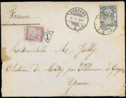 SIAM. 1906. Bangkok To Yonne/France. Envelope Franked 12att. Blue Wat Jang Issue (Sir. 100) Tied C.d.s., Taxed And With  - Siam