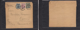 URUGUAY - Stationery. 1897 (2 Dec) Montevideo - Germany, Bamen. 1c Blue Green Complete Stat Wrapper + 2 Adtls At 4c Rate - Uruguay