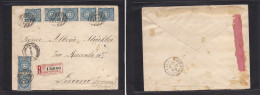 URUGUAY. 1888 (4 Julio) Montevideo - Italy, Livorno (28 Aug) Registered Multifkd Env 5c Perce Blue (x7, Incl Pair And St - Uruguay