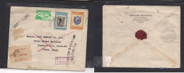 URUGUAY. 1953 (23 Jan) Mont - Japan, Osaka. Registered Air Multifkd Env + "retour" Cachet (Japan) + Second Special Of Ur - Uruguay