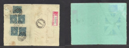 URUGUAY. 1889 (11 Febr) Montevideo - Italy, Altane. Registered Reverse Multifkd Perce Issue 5c Blue (x5) Tied "A" Grills - Uruguay
