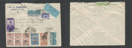 SYRIA. 1946 (10 April) Damasus - London, England. Air Multifkd Env Incl Triple Overprinted Provisional Fiscals Sttamps ( - Syrien