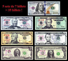 Lot De 5 Sets Complets De 7 Billets NEUFS Dollars US - SPECIMEN Echantillons Test Practice Banknotes - Other & Unclassified