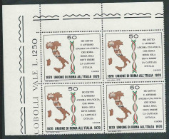Italia 1970; Unione Di Roma All' Italia; Quartina Di Angolo Superiore. - 1961-70: Mint/hinged