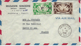 1948 Papeete Timbre à 10 Fr Pirogue FRANCE LIBRE Et Timbre Surchargé 3 Fr.par Avion Pour Paris - Lettres & Documents