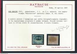 1931 SAN MARINO, Tasse N° 44b MNH/** Cert. Raybaudi - Variedades Y Curiosidades