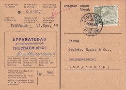 Grossisten Karte  "Apparatebau Trübbach"         1953 - Lettres & Documents