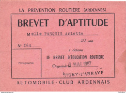 SIGNY L'ABBAYE AUTOMOBILE CLUB ARDENNAIS BREVET D'APTITUDE 1967 - Autres & Non Classés