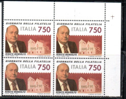 ITALIA REPUBBLICA ITALY REPUBLIC 1995 GIORNATA DELLA FILATELIA RENATO MONDOLFO STAMP DAY QUARTINA ANGOLO DI FOGLIO MNH - 1991-00: Neufs