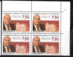 ITALIA REPUBBLICA ITALY REPUBLIC 1995 GIORNATA DELLA FILATELIA RENATO MONDOLFO STAMP DAY QUARTINA ANGOLO DI FOGLIO MNH - 1991-00: Ungebraucht