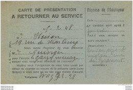 OFFICE REGIONAL DU TRAVAIL DE PARIS CARTE REPONSE 1948 VOIR LES DEUX SCANS - Historische Dokumente