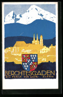 Künstler-AK Ludwig Hohlwein: Berchtesgaden, Totalansicht Mit Gebirgspanorama Und Wappen  - Hohlwein, Ludwig