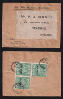 Antigua 1915 Cover To READING England 3x War Stamp Overprint - 1858-1960 Crown Colony