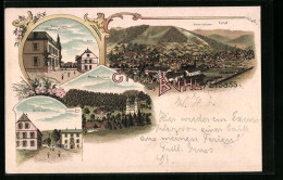 Lithographie Bühl, La Gare, Abtei Murbach, Bahn Hotel Wilhelm Martin  - Murbach