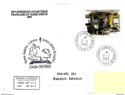 229 - 16 - Enveloppe TAAF Terre Adélie "arrivée Manchots 2003" - Timbre Tiré Carnet De Voyage - Bases Antarctiques