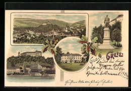 Lithographie Greiz, Oberes Schloss, Fürstl. Sommer Palais, Kaiser Wilhelm-Denkmal  - Greiz
