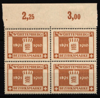 Württemberg 126 Postfrisch 4er Block Vom Oberrand, Falz Im Rand #IK463 - Mint