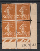 FRANCE - 1927 - N°YT. 235 - Type Semeuse Camée 25c Jaune-brun - Bloc De 4 Coin Daté - Neuf * / MH VF - ....-1929