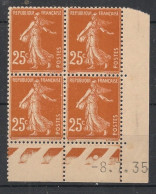 FRANCE - 1927 - N°YT. 235 - Type Semeuse Camée 25c Jaune-brun - Bloc De 4 Coin Daté - Neuf Luxe ** / MNH / Postfrisch - ....-1929