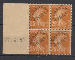 FRANCE - 1927 - Préo N°YT. 57 - Type Semeuse Camée 25c Jaune-brun - Bloc De 4 Coin Daté - Neuf Luxe ** / MNH - Prematasellados