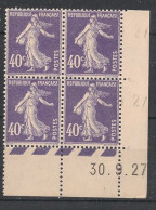 FRANCE - 1927 - N°YT. 236 - Type Semeuse Camée 40c Violet - Bloc De 4 Coin Daté - Neuf Luxe ** / MNH - ....-1929