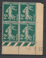 FRANCE - 1927 - N°YT. 239 - Type Semeuse Camée 2f Vert - Bloc De 4 Coin Daté - Neuf Luxe ** / MNH - ....-1929