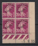 FRANCE - 1924 - Préo N°YT. 55 - Type Semeuse Camée 20c Lilas - Bloc De 4 Coin Daté - Neuf Luxe ** / MNH - Voorafgestempeld