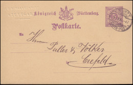 Postkarte P 26 IIa Mit K. WÜRTT. BAHN-POST 29.10.86 Von Stuttgart Nach Crefeld - Postwaardestukken