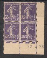 FRANCE - 1926 - N°YT. 142 - Type Semeuse Camée 35c Violet - Bloc De 4 Coin Daté - Neuf * / MH VF - ....-1929