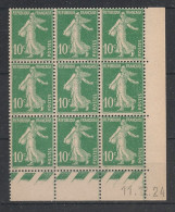 FRANCE - 1924 - N°YT. 159 - Type Semeuse Camée 10c Vert - Bloc De 9 Coin Daté - Neuf Luxe ** / MNH - ....-1929