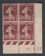 FRANCE - 1923 - Préo N°YT. 54 - Type Semeuse Camée 20c Brun - Bloc De 4 Coin Daté - Neuf * / MH VF - Préoblitérés