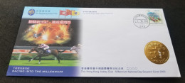 Hong Kong Horse Racing Jockey Club Millennium 2000 Sport Horses Fireworks (stamp FDC) *gold Foil - Lettres & Documents