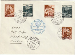 Liechtenstein 1939: BALLON-WETTFLIEGEN ZÜRICH Zu 126+129+131 Mi 156+159+161 Ab VADUZ 12.V.39 Bis BÄRETSWIL 14.V.39 - Luftpost