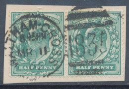GB EVII ½d Blue-green (pair) VFU On Piece With Duplex „WALTHAM-CROSS / 835“, Hertfordshire (3VOD, Time In Full 8.45 PM), - Used Stamps