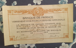 BANQUE DE FRANCE VERSEMENT D'OR POUR LA DEFENSE NATIONALE 20 FRANCS NEUILLY PLAISANCE 1915 - Unclassified