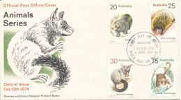 Australia FDC Adelaide 13-2-1974 Complete Set Of 4 Animals Series With Cachet - Primo Giorno D'emissione (FDC)